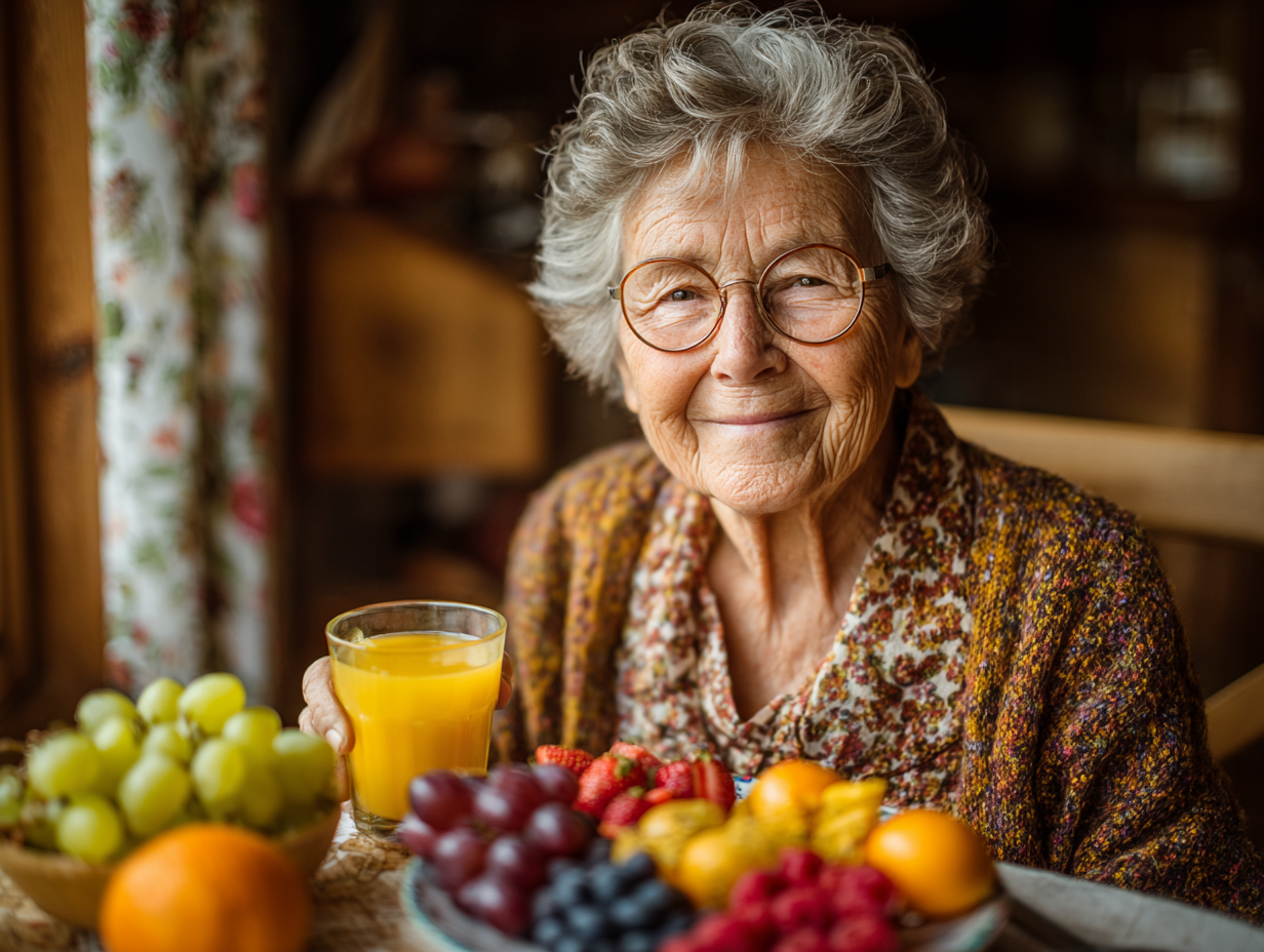 Щаслива жінка старшого віку тримає тарілку зі свіжими овочами та посміхається
